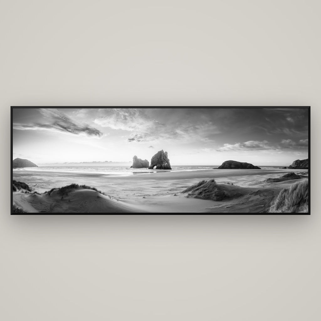 Sands of Time, Wharariki Beach — Basel Black Matte, 198×70 cm. New Zealand fine art wall art by Stephen Milner.