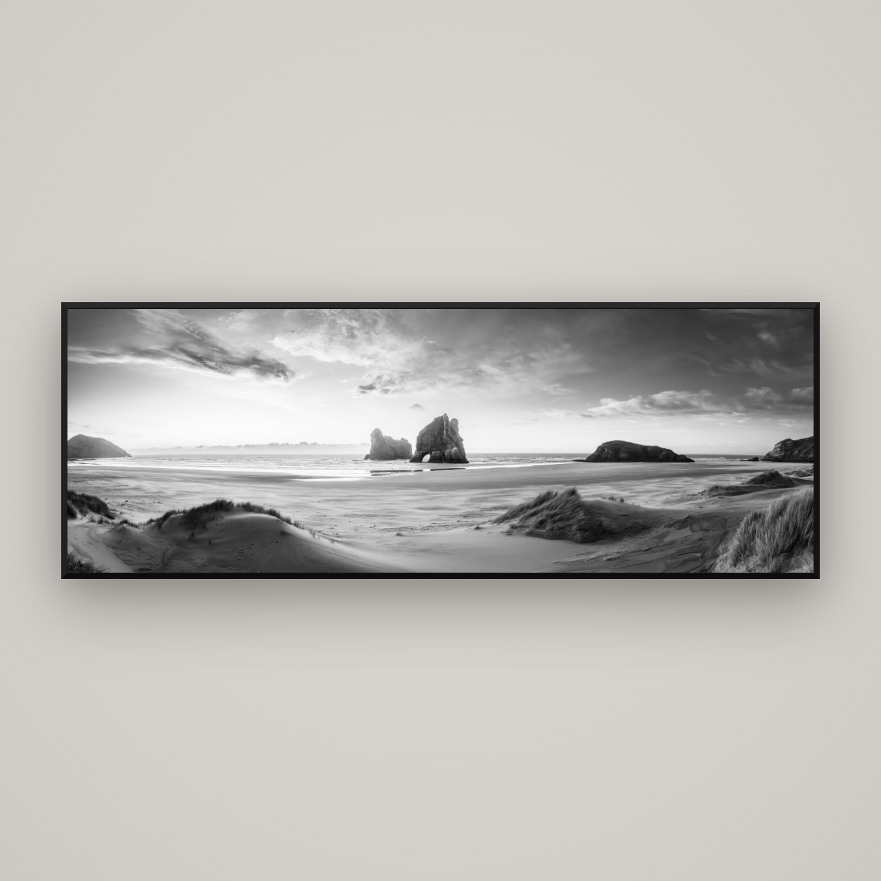 Sands of Time, Wharariki Beach — Basel Black Matte, 198×70 cm. New Zealand fine art wall art by Stephen Milner.