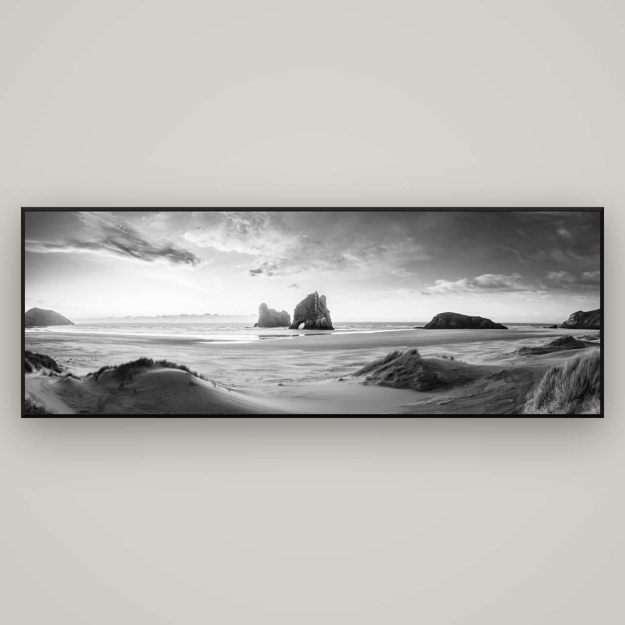 Sands of Time, Wharariki Beach — Basel Black Matte, 227×80 cm. New Zealand fine art wall art by Stephen Milner.