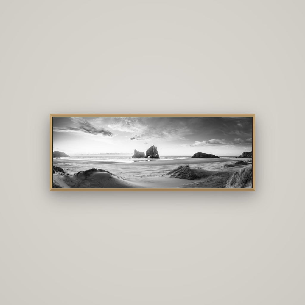 Sands of Time, Wharariki Beach, Basel Natural Oak, 113×40 cm. New Zealand fine art wall art by Stephen Milner.