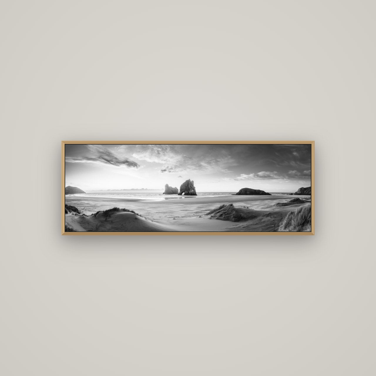 Sands of Time, Wharariki Beach, Basel Natural Oak, 113×40 cm. New Zealand fine art wall art by Stephen Milner.