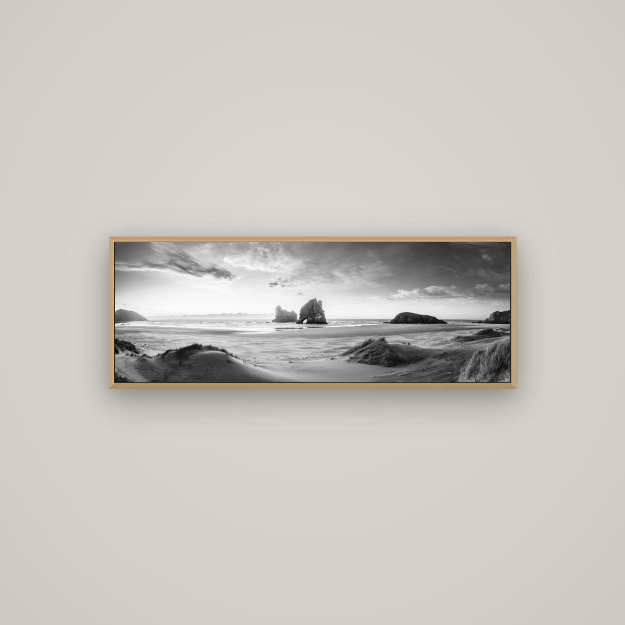 Sands of Time, Wharariki Beach, Basel Natural Oak, 113×40 cm. New Zealand fine art wall art by Stephen Milner.