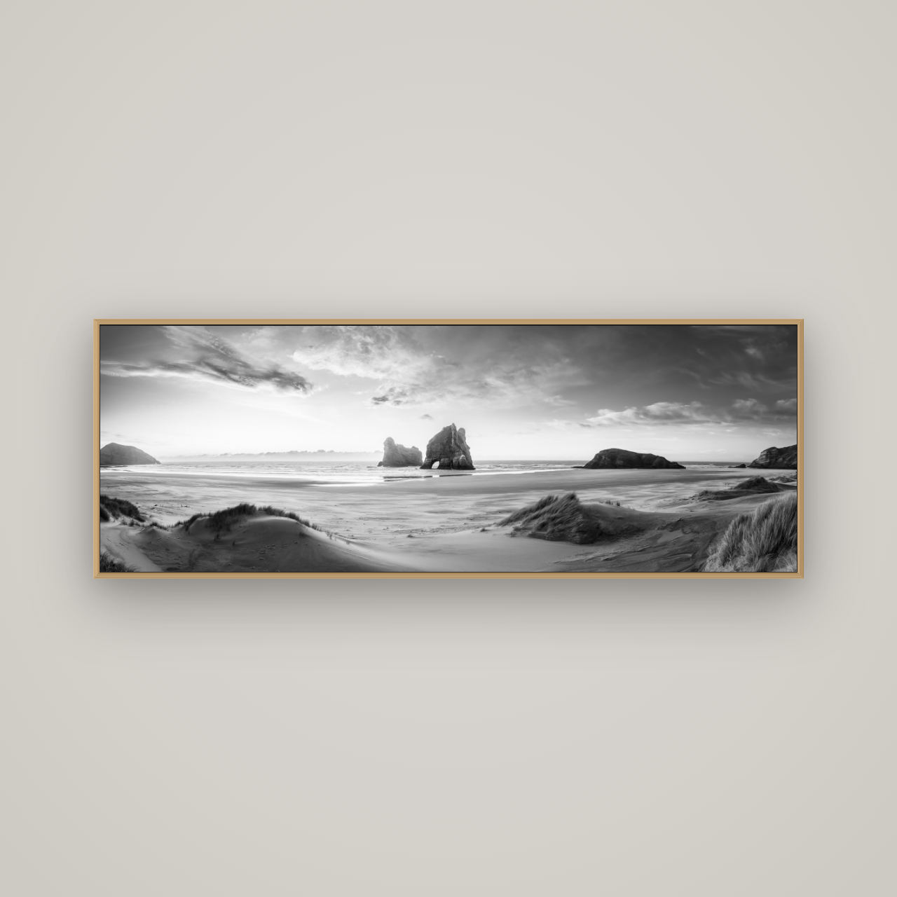 Sands of Time, Wharariki Beach, Basel Natural Oak, 170×60 cm. New Zealand fine art wall art by Stephen Milner.