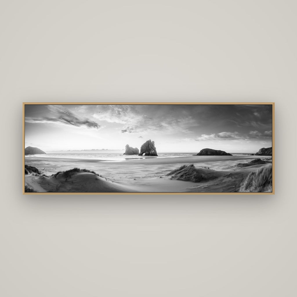 Sands of Time, Wharariki Beach, Basel Natural Oak, 170×60 cm. New Zealand fine art wall art by Stephen Milner.