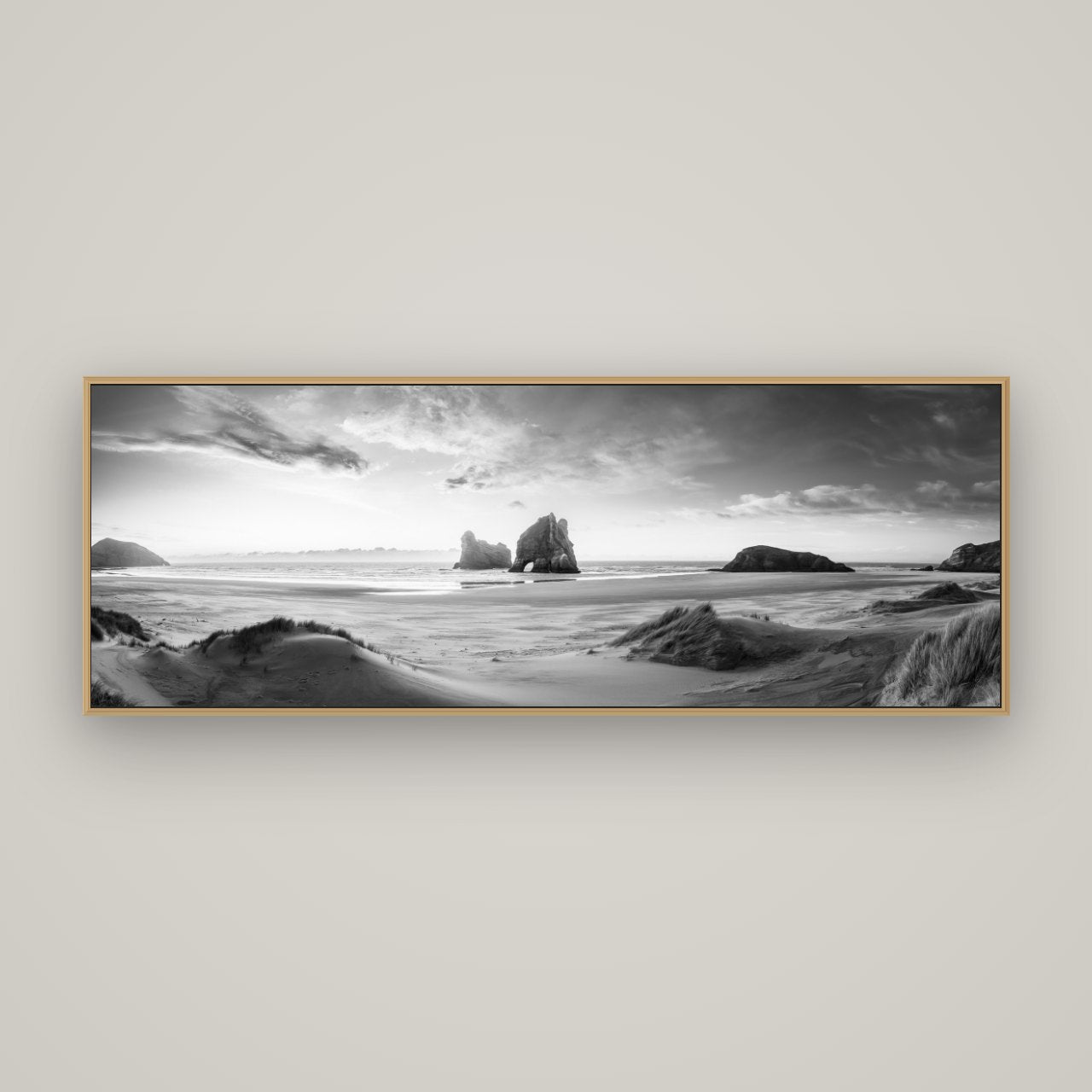 Sands of Time, Wharariki Beach, Basel Natural Oak, 170×60 cm. New Zealand fine art wall art by Stephen Milner.