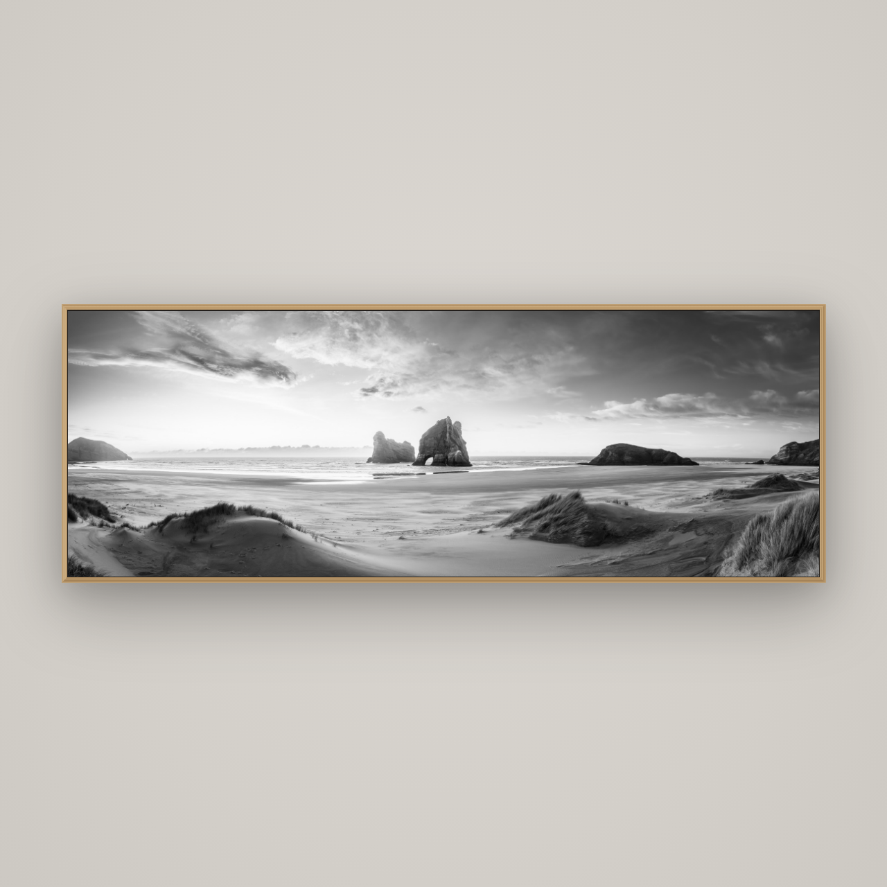 Sands of Time, Wharariki Beach, Basel Natural Oak, 198×70 cm. New Zealand fine art wall art by Stephen Milner.