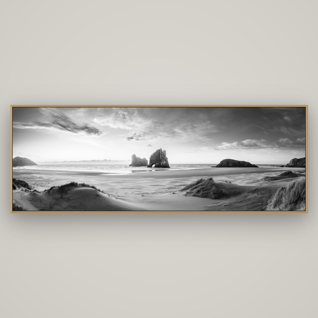 Sands of Time, Wharariki Beach, Basel Natural Oak, 198×70 cm. New Zealand fine art wall art by Stephen Milner.