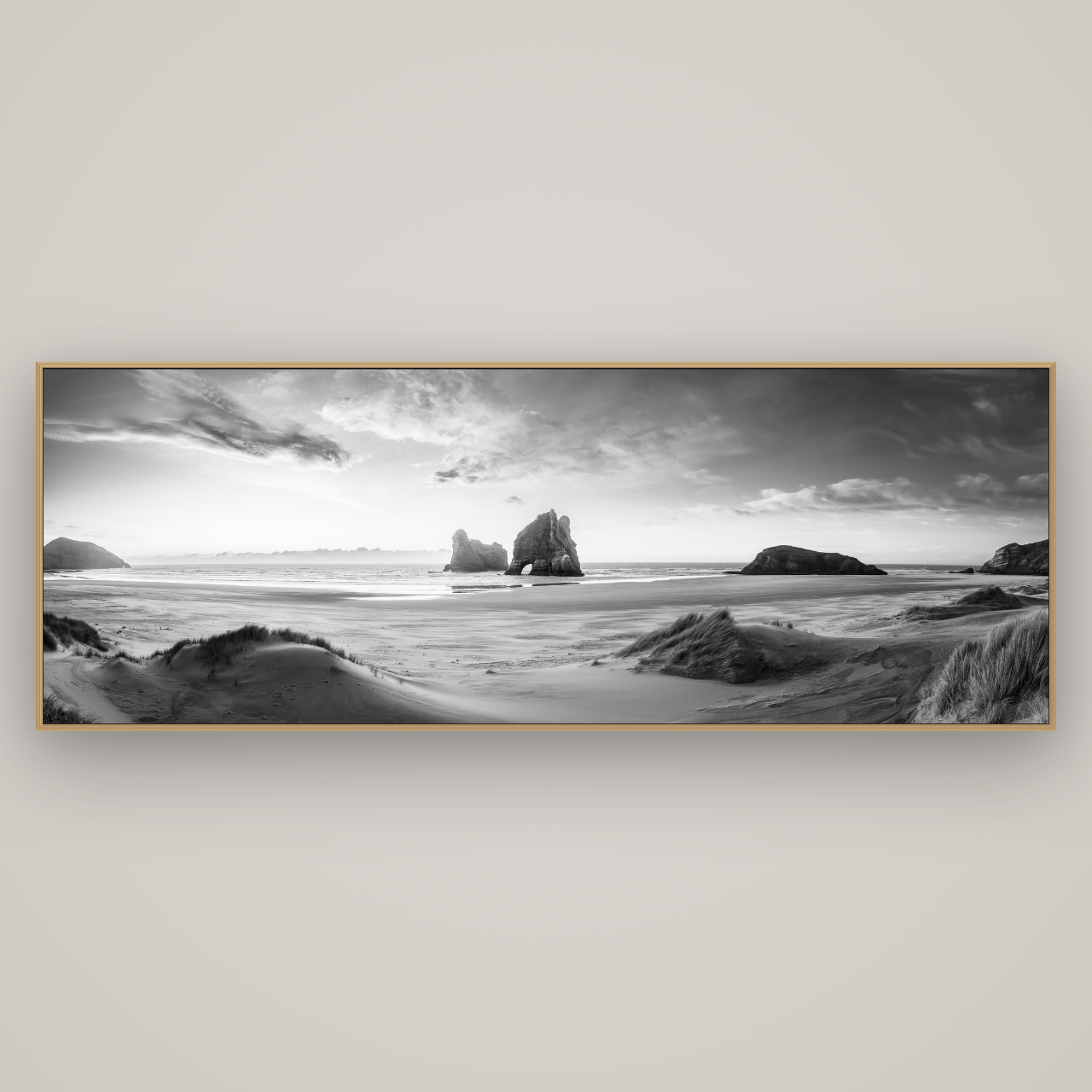Sands of Time, Wharariki Beach, Basel Natural Oak, 227×80 cm. New Zealand fine art wall art by Stephen Milner.