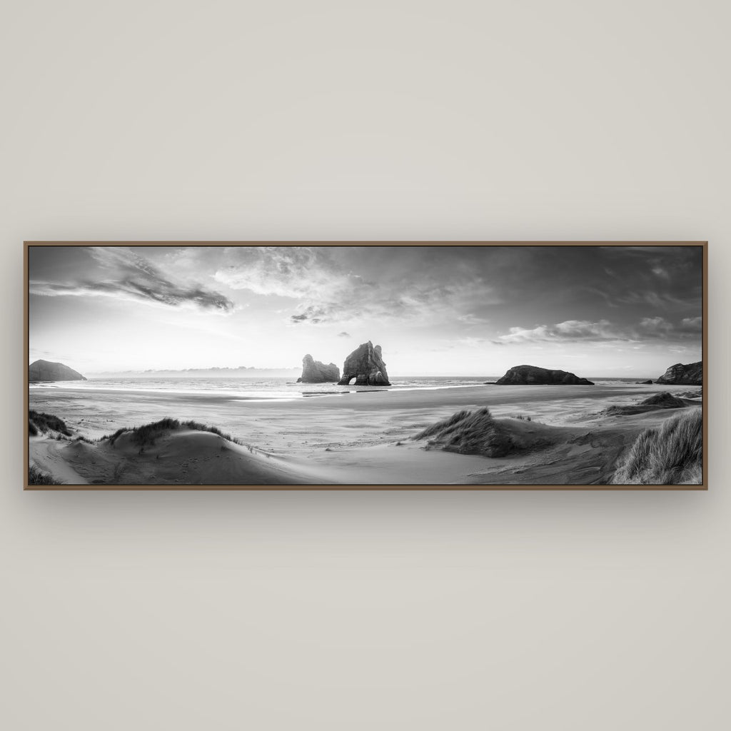 Sands of Time, Wharariki Beach, Basel Walnut, 198×70 cm. New Zealand fine art wall art by Stephen Milner.