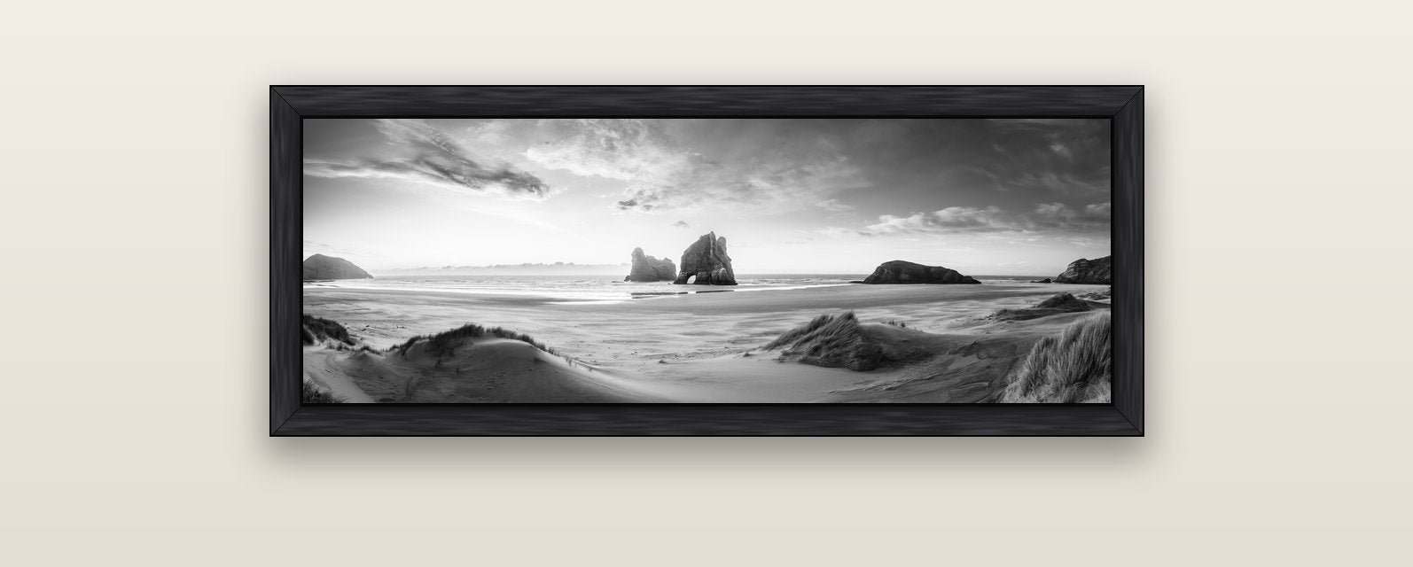 Sands of Time, Wharariki Beach — black float frame canvas, 102 × 36 cm. New Zealand fine art landscape wall art by Stephen Milner.