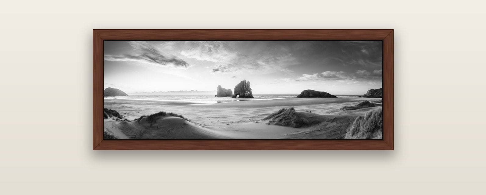 Sands of Time, Wharariki Beach — brown float frame canvas, 102 × 36 cm. New Zealand fine art landscape wall art by Stephen Milner.