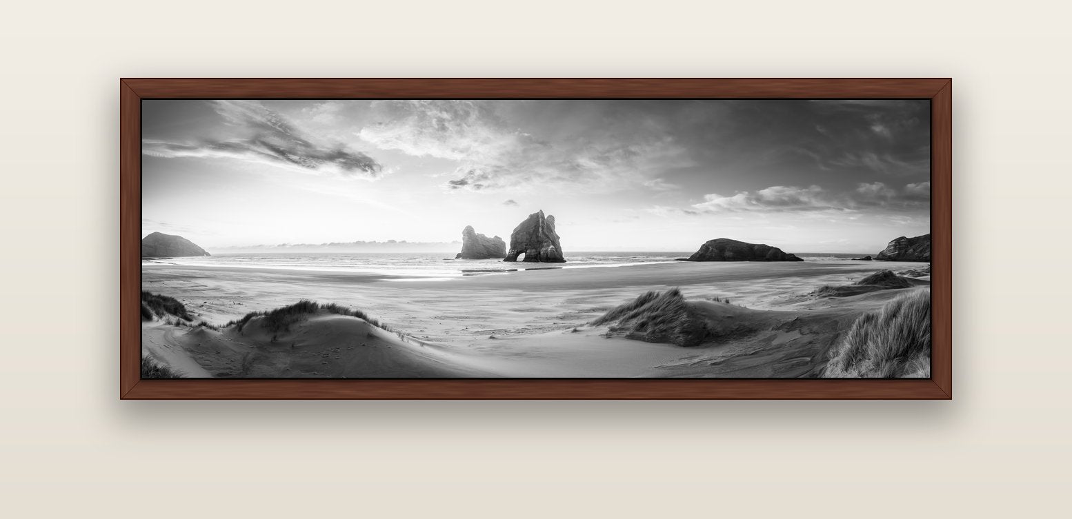 Sands of Time, Wharariki Beach — brown float frame canvas, 152 × 56 cm. New Zealand fine art landscape wall art by Stephen Milner.