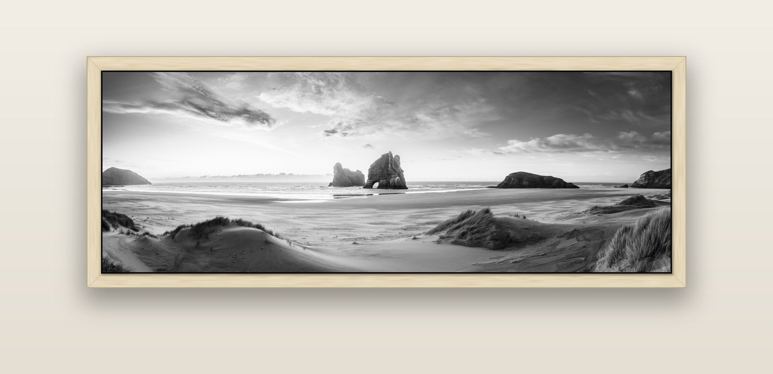 Sands of Time, Wharariki Beach — natural float frame canvas, 152 × 56 cm. New Zealand fine art landscape wall art by Stephen Milner.