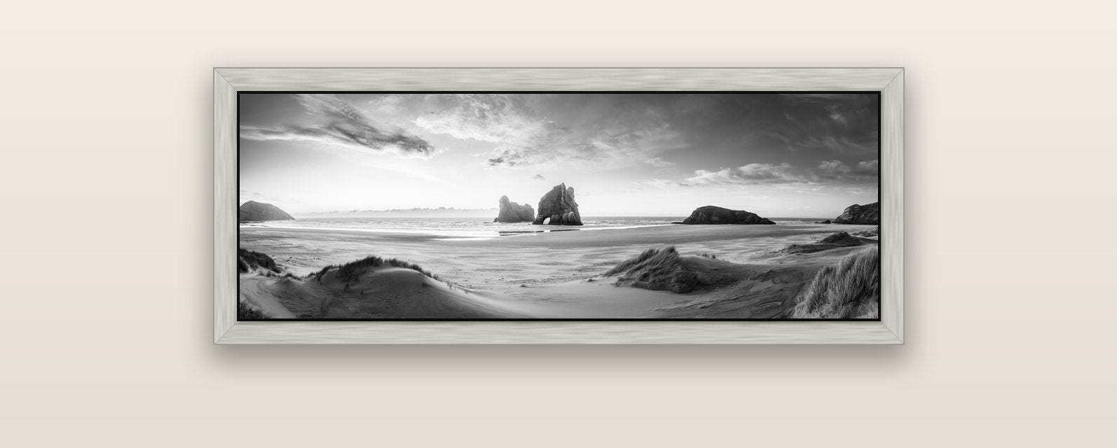 Sands of Time, Wharariki Beach — silver float frame canvas, 102 × 36 cm. New Zealand fine art landscape wall art by Stephen Milner.