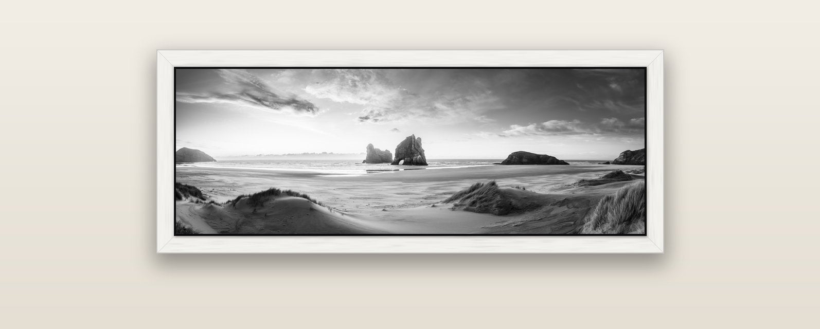 Sands of Time, Wharariki Beach — white float frame canvas, 102 × 36 cm. New Zealand fine art landscape wall art by Stephen Milner.