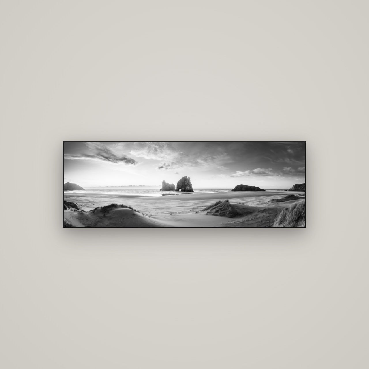 Sands of Time, Wharariki Beach — Slimline Black, 113×40 cm. New Zealand fine art wall art by Stephen Milner.