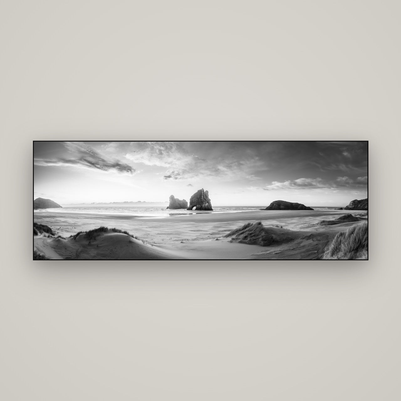 Sands of Time, Wharariki Beach — Slimline Black, 170×60 cm. New Zealand fine art wall art by Stephen Milner.