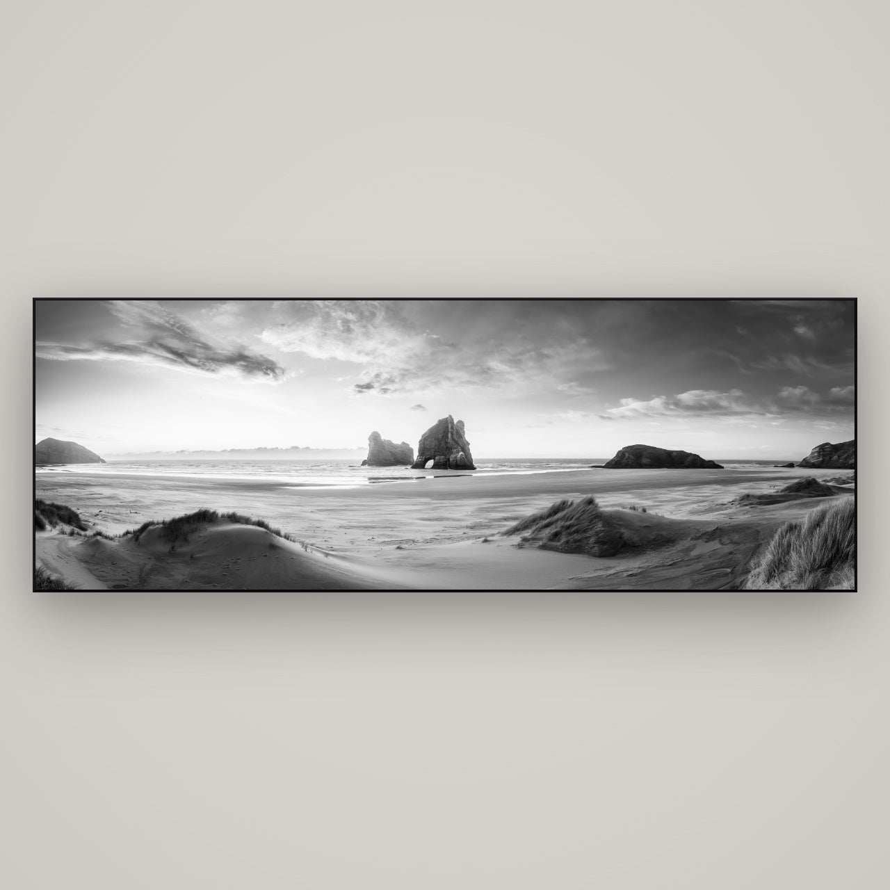 Sands of Time, Wharariki Beach — Slimline Black, 198×70 cm. New Zealand fine art wall art by Stephen Milner.