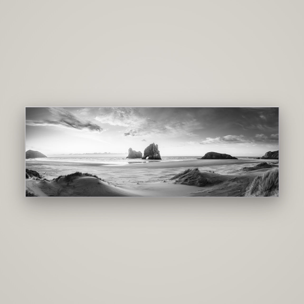 Sands of Time, Wharariki Beach — Slimline Silver, 170×60 cm. New Zealand fine art wall art by Stephen Milner.