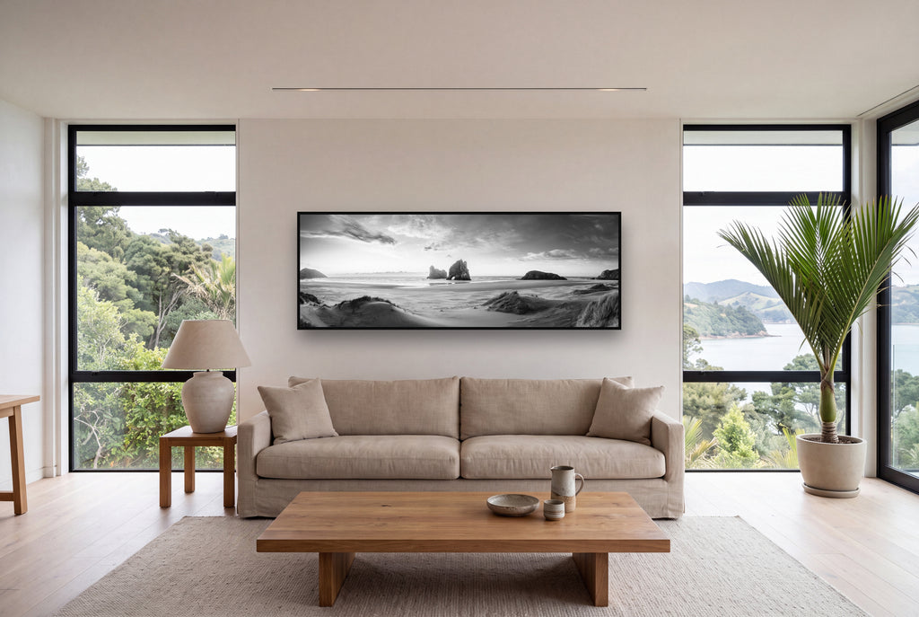 Sands of Time, Wharariki Beach shown as large black and white wall art in a styled room, fine art by Stephen Milner.