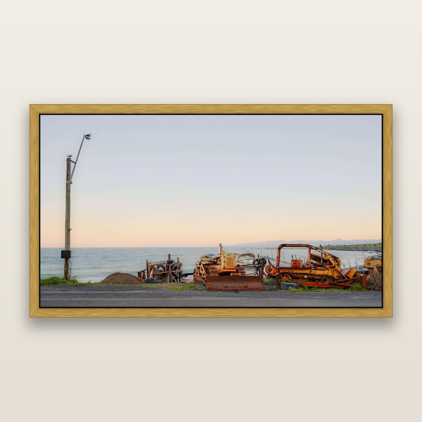 Seaside Work, Cape Palliser — framed metallic canvas print, Antique Gold frame. New Zealand fine art landscape wall art by Stephen Milner.