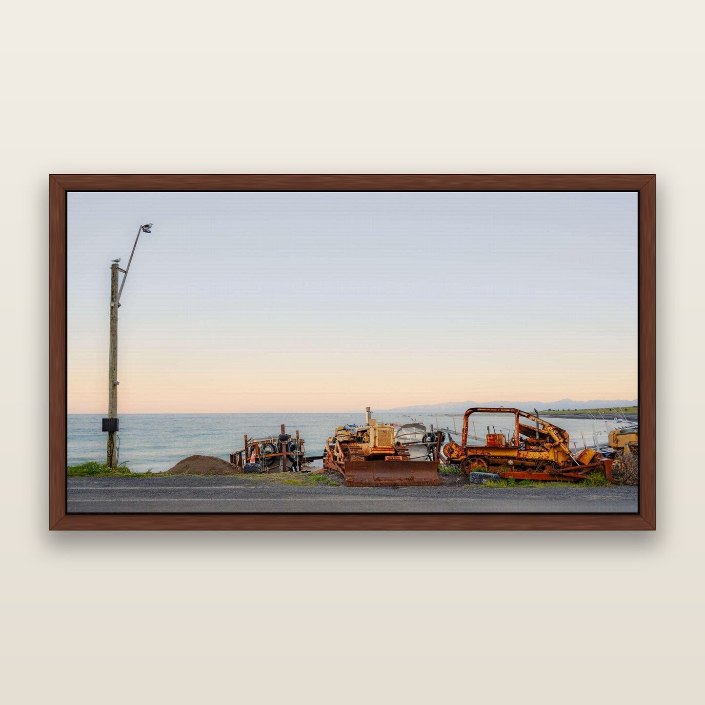 Seaside Work, Cape Palliser — framed metallic canvas print, Brown frame. New Zealand fine art landscape wall art by Stephen Milner.