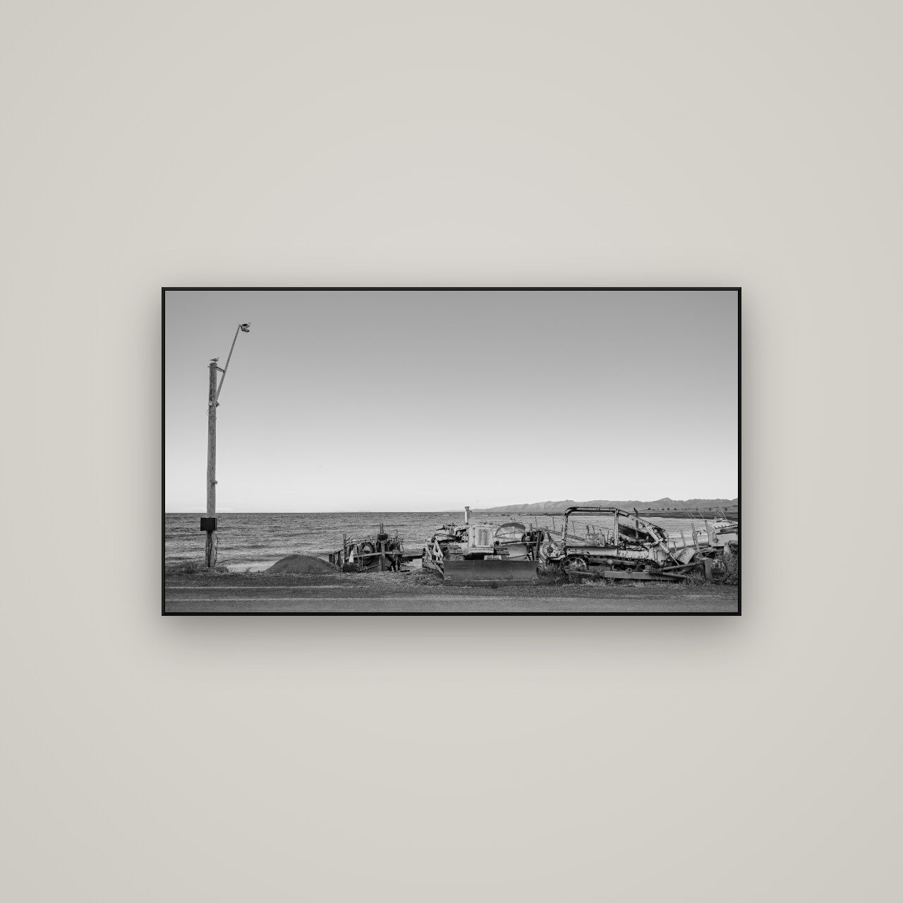Seaside Work, Cape Palliser — ArtBox Black, 107×60 cm. New Zealand fine art wall art by Stephen Milner.