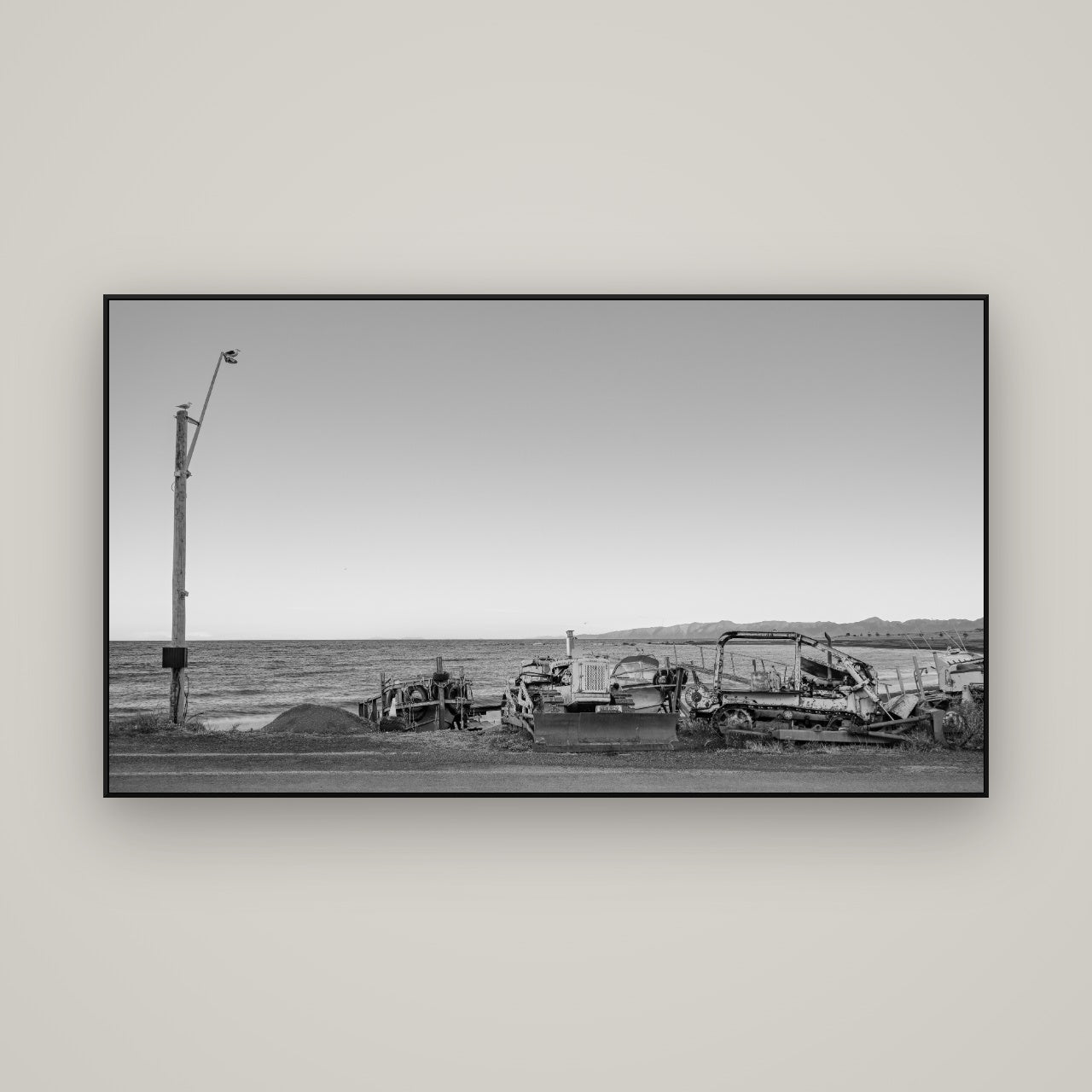Seaside Work, Cape Palliser — ArtBox Black, 160×90 cm. New Zealand fine art wall art by Stephen Milner.