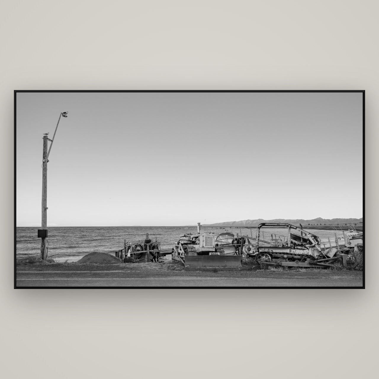 Seaside Work, Cape Palliser — ArtBox Black, 196×110 cm. New Zealand fine art wall art by Stephen Milner.