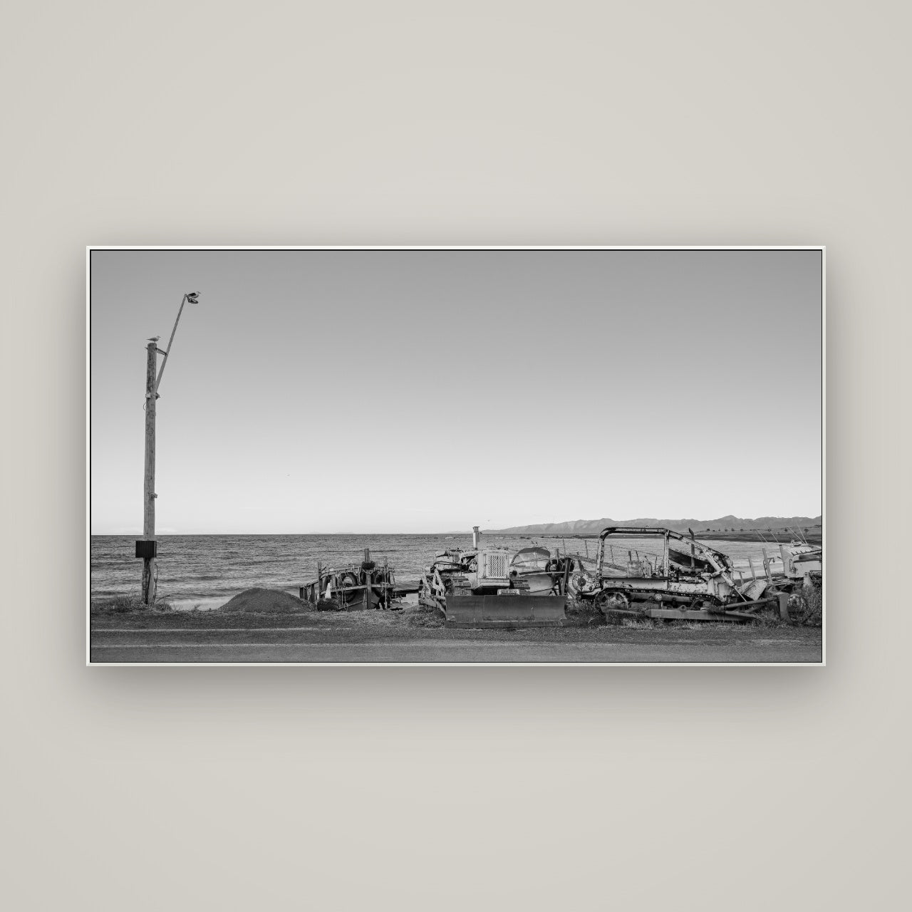 Seaside Work, Cape Palliser — ArtBox White, 160×90 cm. New Zealand fine art wall art by Stephen Milner.