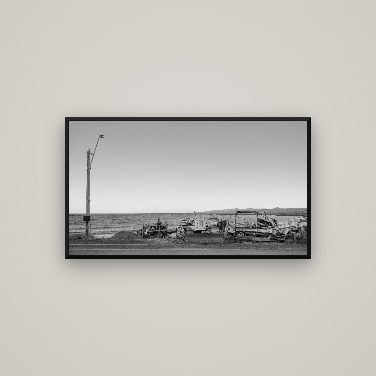 Seaside Work, Cape Palliser — Basel Black, 107×60 cm. New Zealand fine art wall art by Stephen Milner.
