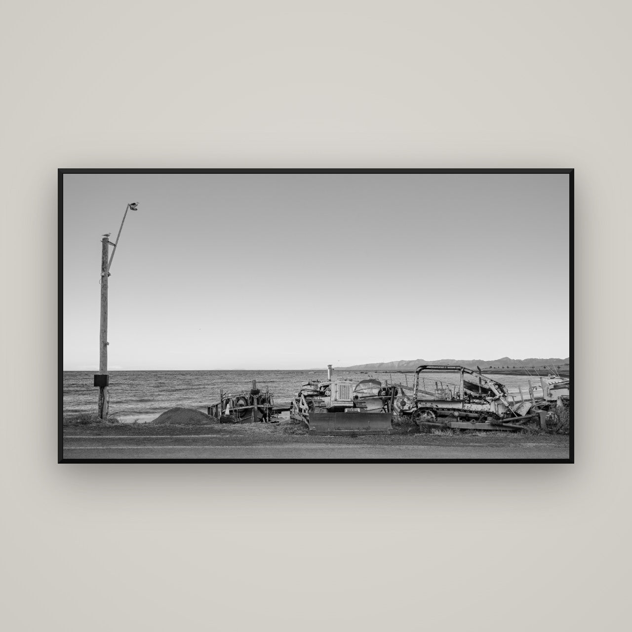 Seaside Work, Cape Palliser — Basel Black, 160×90 cm. New Zealand fine art wall art by Stephen Milner.