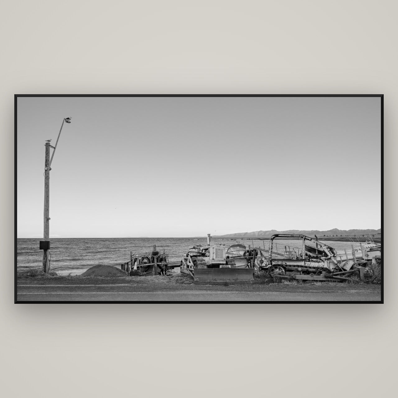 Seaside Work, Cape Palliser — Basel Black, 196×110 cm. New Zealand fine art wall art by Stephen Milner.