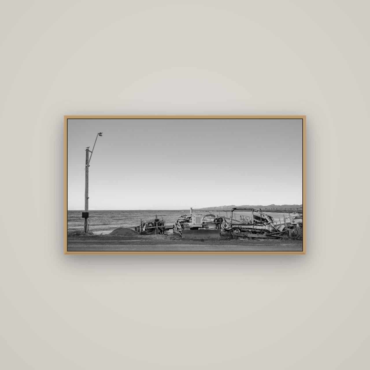 Seaside Work, Cape Palliser, Basel Natural Oak, 107×60 cm. New Zealand fine art wall art by Stephen Milner.