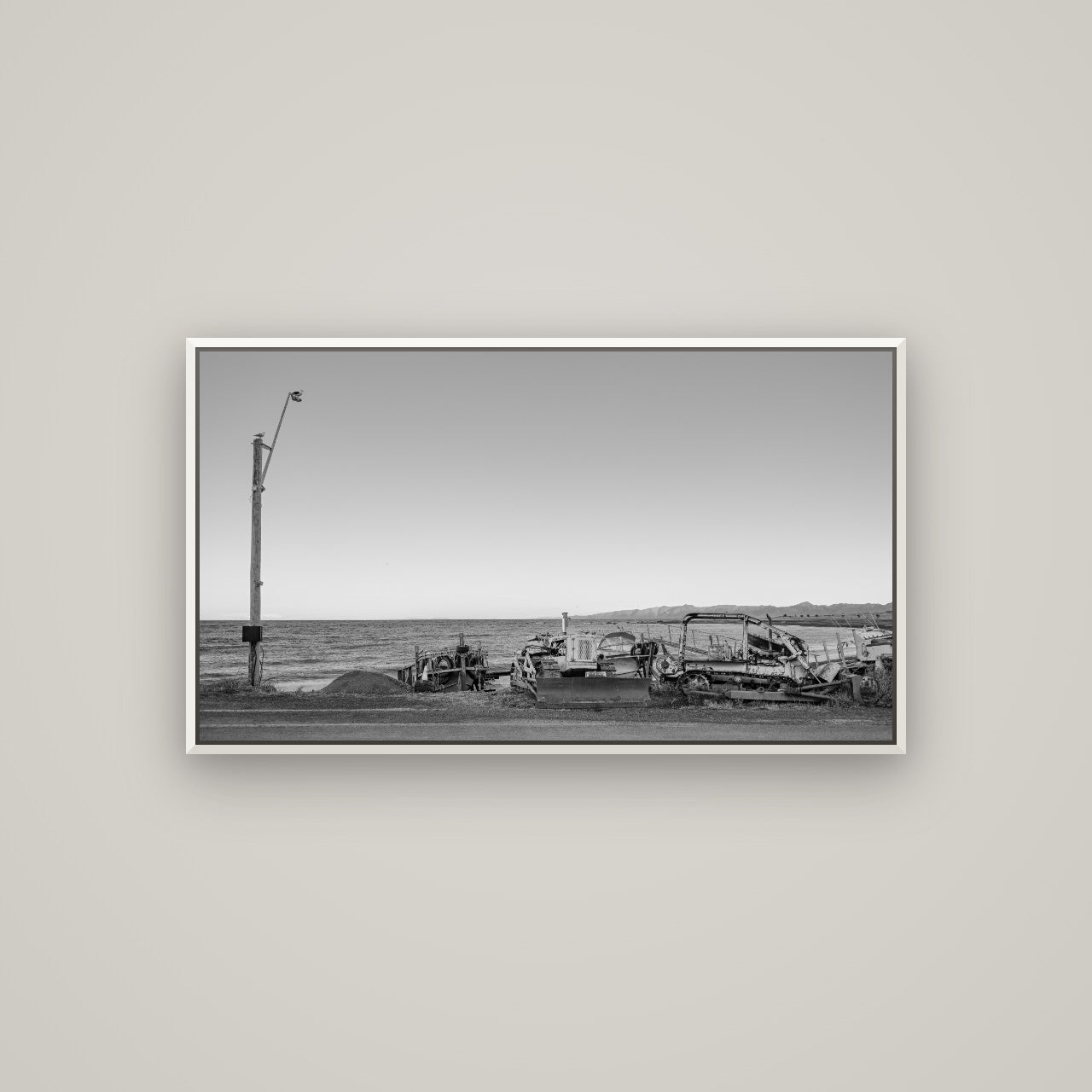 Seaside Work, Cape Palliser — Basel White, 107×60 cm. New Zealand fine art wall art by Stephen Milner.