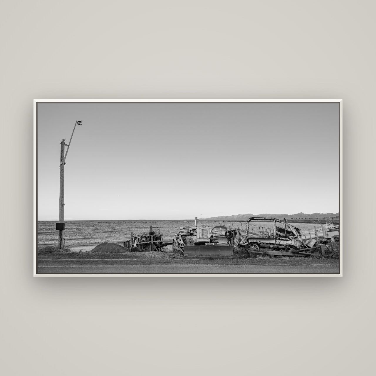 Seaside Work, Cape Palliser — Basel White, 160×90 cm. New Zealand fine art wall art by Stephen Milner.