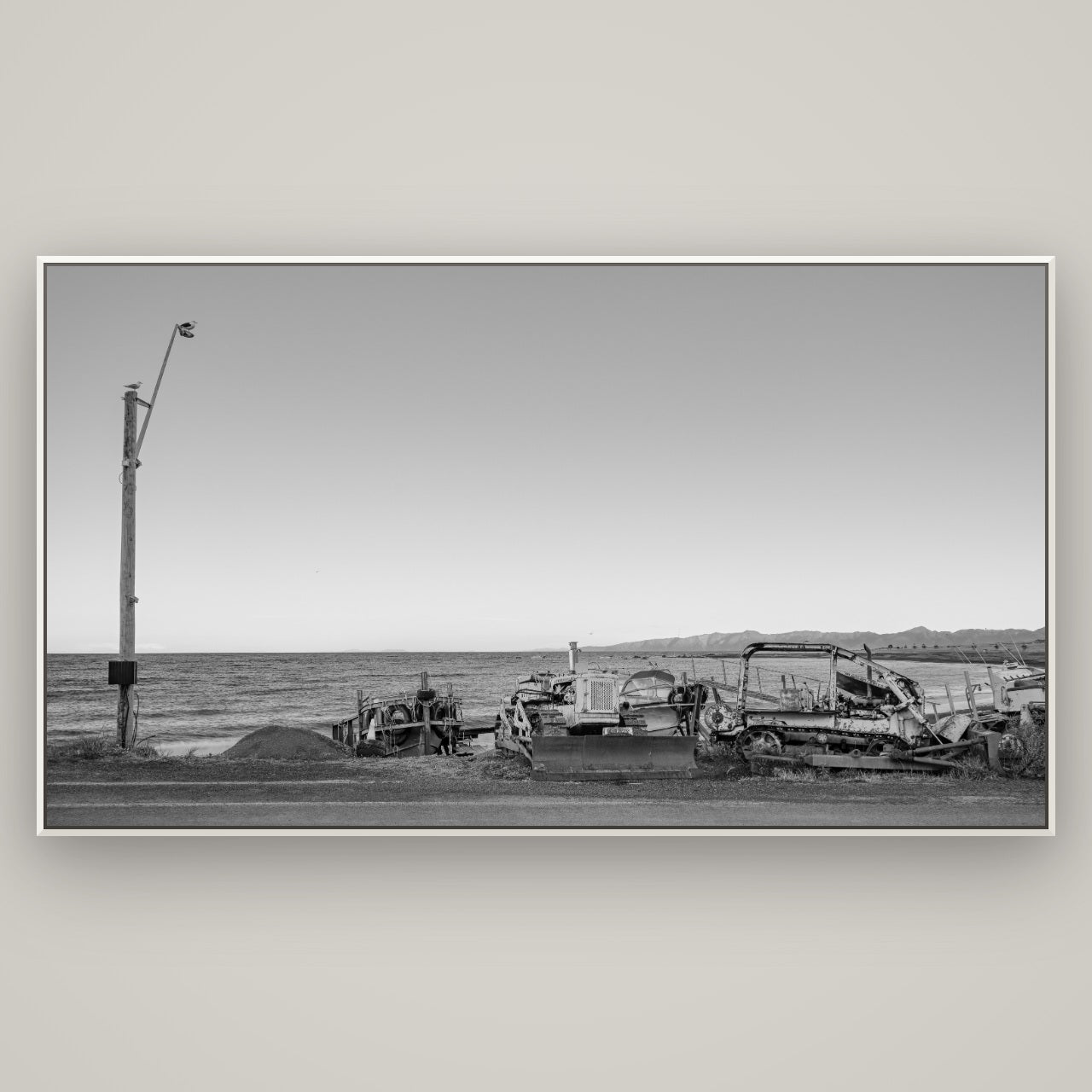 Seaside Work, Cape Palliser — Basel White, 196×110 cm. New Zealand fine art wall art by Stephen Milner.