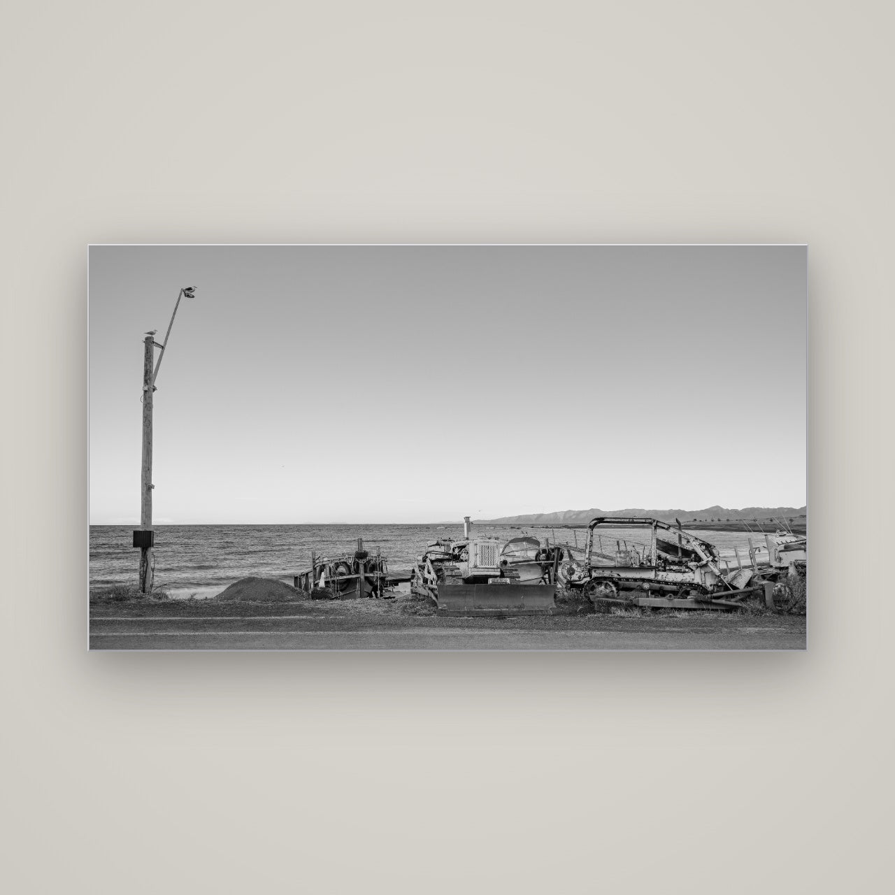 Seaside Work, Cape Palliser — Slimline Silver, 160×90 cm. New Zealand fine art wall art by Stephen Milner.