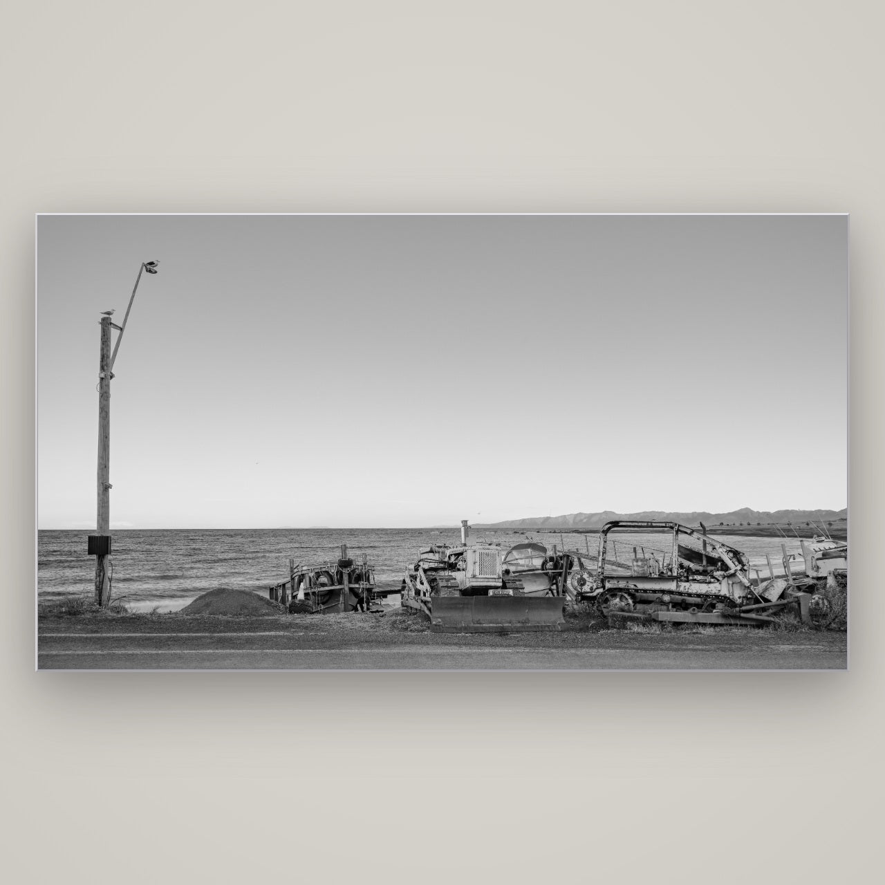 Seaside Work, Cape Palliser — Slimline Silver, 196×110 cm. New Zealand fine art wall art by Stephen Milner.