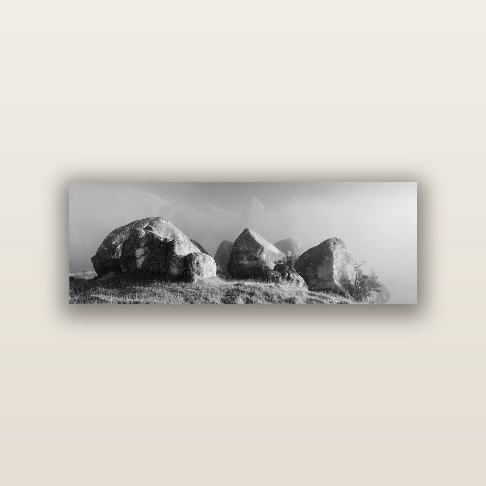 Sentinels in the Mist, Castle Hill — acrylic panel print, small 76 × 25 cm. New Zealand fine art landscape wall art by Stephen Milner.