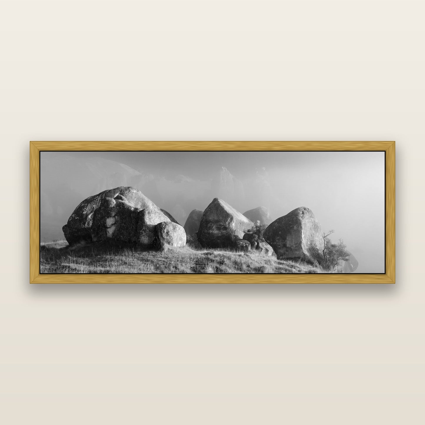 Sentinels in the Mist, Castle Hill — black and white framed metallic canvas print, Antique Gold frame. New Zealand fine art wall art by Stephen Milner.
