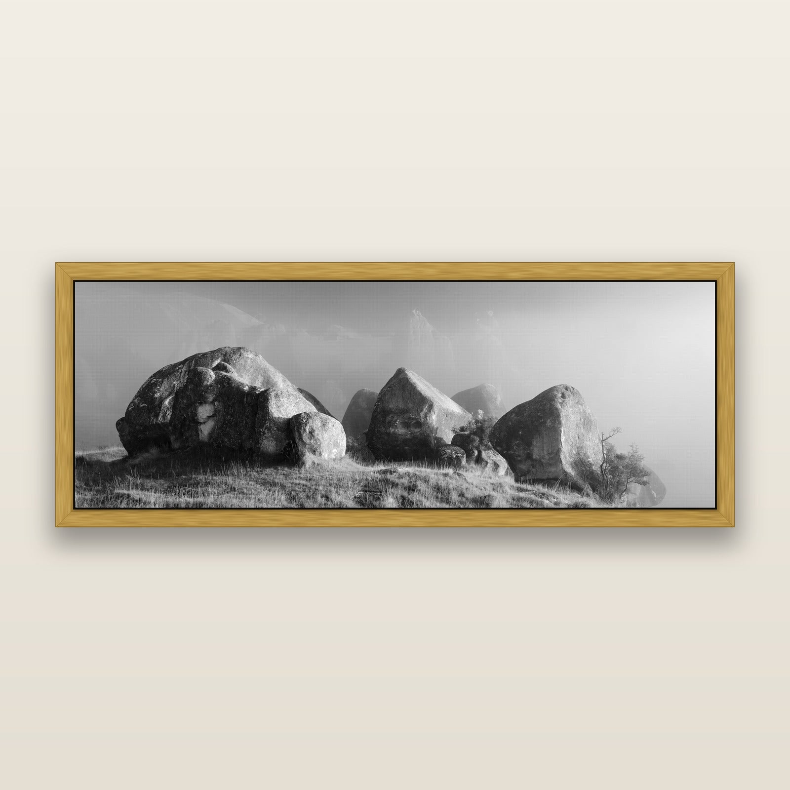 Sentinels in the Mist, Castle Hill, black and white framed metallic canvas print, Antique Gold frame. New Zealand fine art wall art by Stephen Milner.