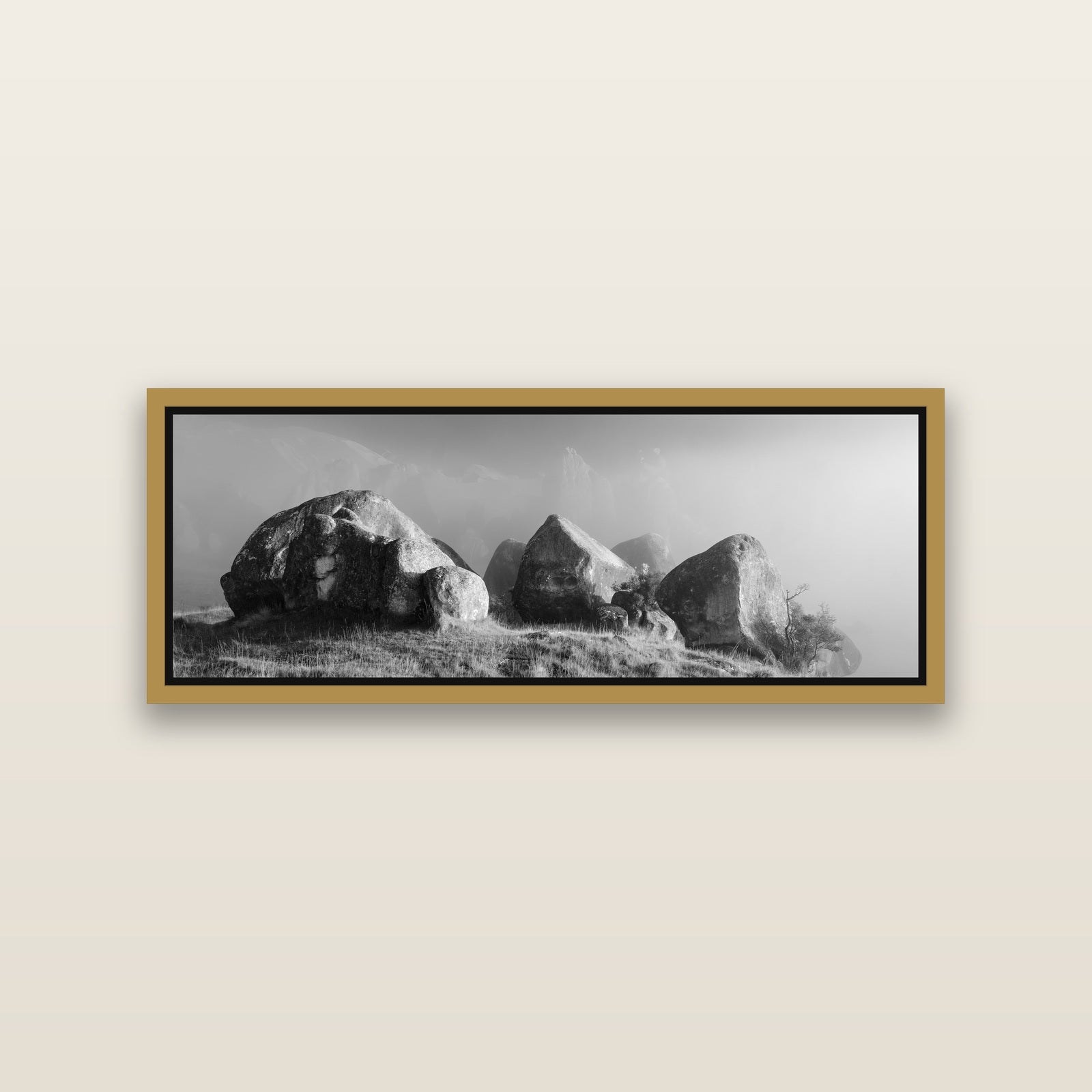 Sentinels in the Mist, Castle Hill — Antique Gold framed metallic canvas print, small 86 × 30 cm. New Zealand fine art landscape wall art by Stephen Milner.