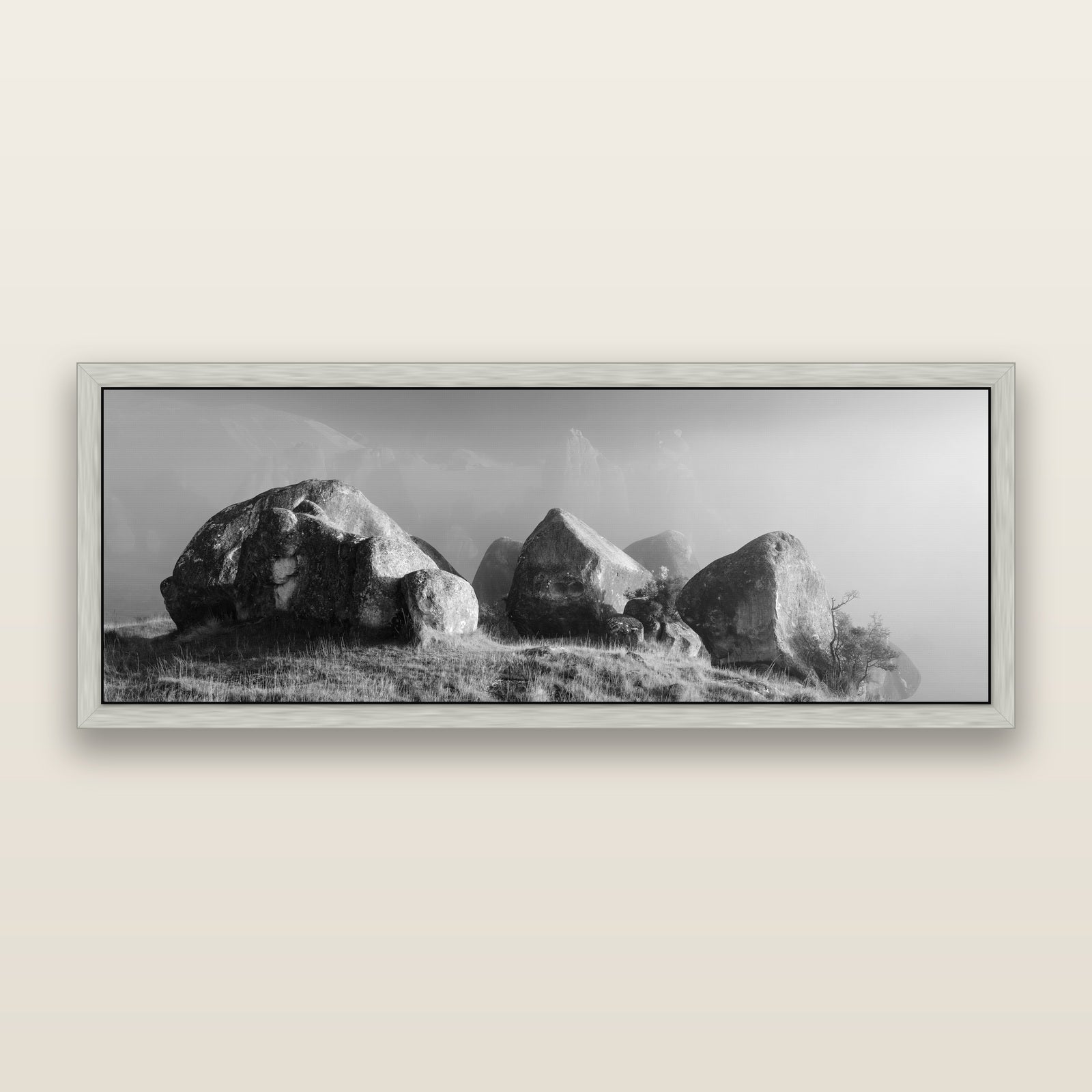 Sentinels in the Mist, Castle Hill, black and white framed metallic canvas print, Antique Silver frame. New Zealand fine art wall art by Stephen Milner.