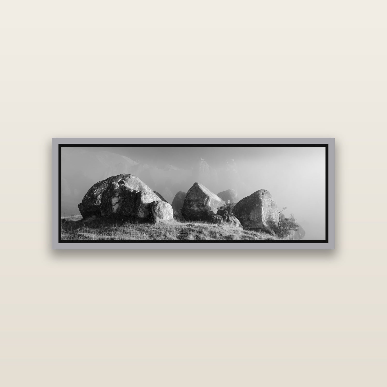 Sentinels in the Mist, Castle Hill — Antique Silver framed metallic canvas print, small 86 × 30 cm. New Zealand fine art landscape wall art by Stephen Milner.