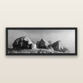 Sentinels in the Mist, Castle Hill, black and white framed metallic canvas print, Black frame. New Zealand fine art wall art by Stephen Milner.