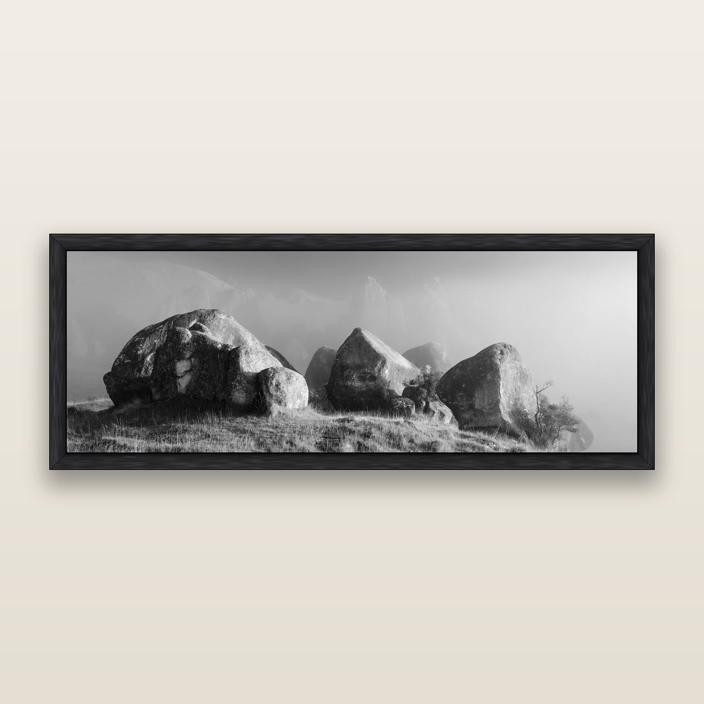 Sentinels in the Mist, Castle Hill — black and white framed metallic canvas print, Black frame. New Zealand fine art wall art by Stephen Milner.