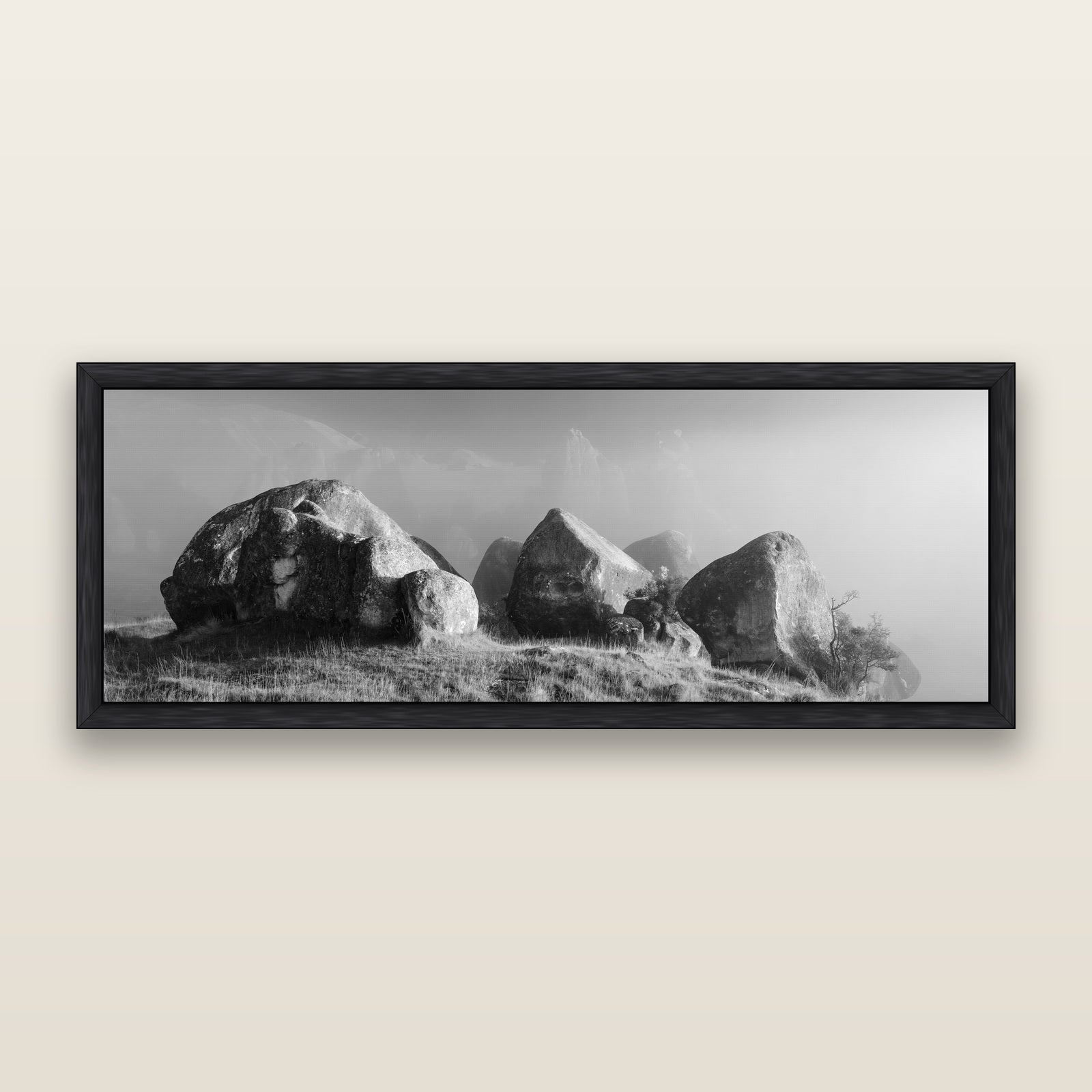 Sentinels in the Mist, Castle Hill — black and white framed metallic canvas print, Black frame. New Zealand fine art wall art by Stephen Milner.