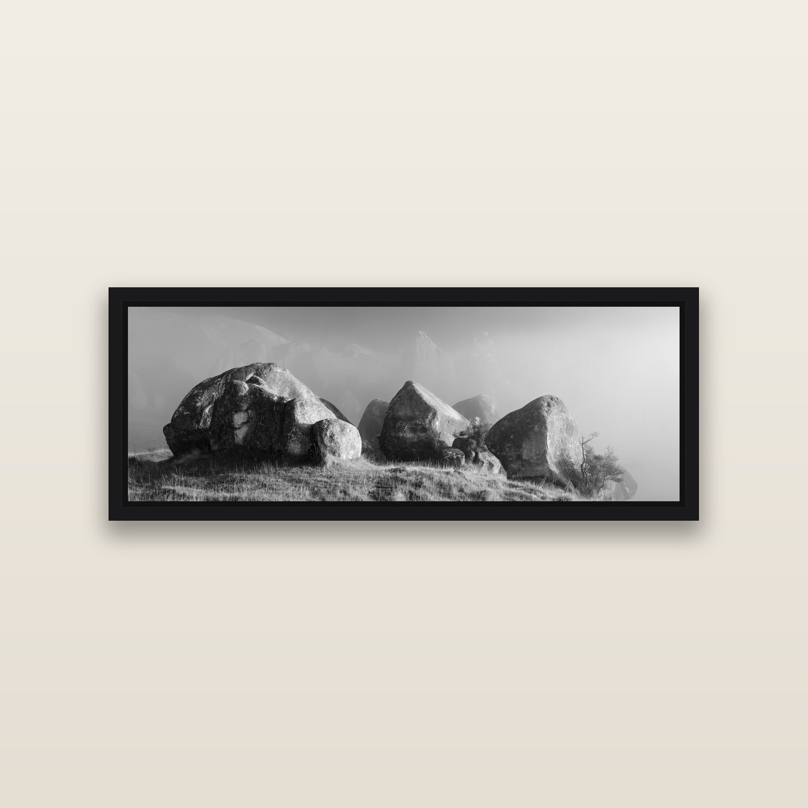 Sentinels in the Mist, Castle Hill — Black framed metallic canvas print, small 86 × 30 cm. New Zealand fine art landscape wall art by Stephen Milner.