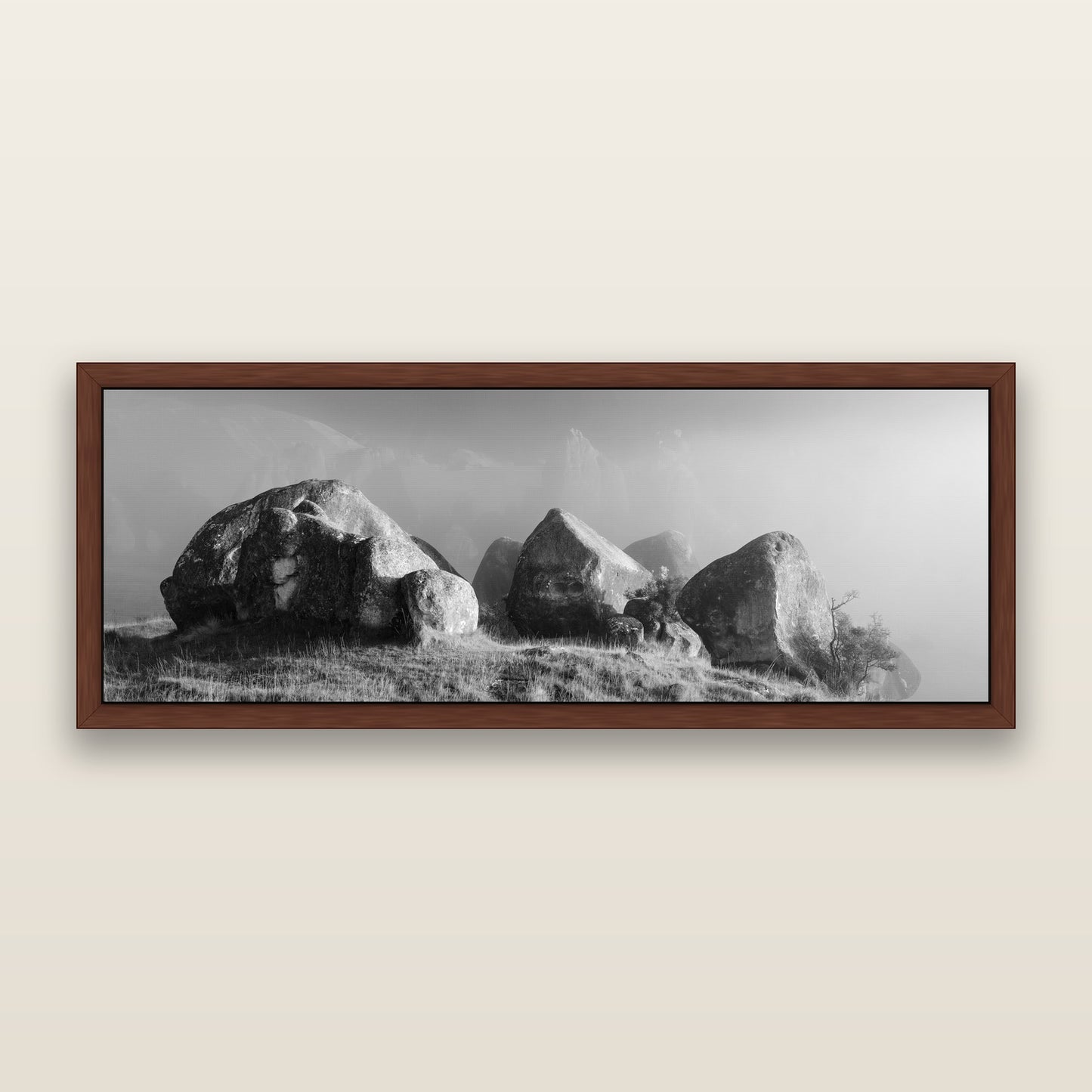 Sentinels in the Mist, Castle Hill — black and white framed metallic canvas print, Brown frame. New Zealand fine art wall art by Stephen Milner.